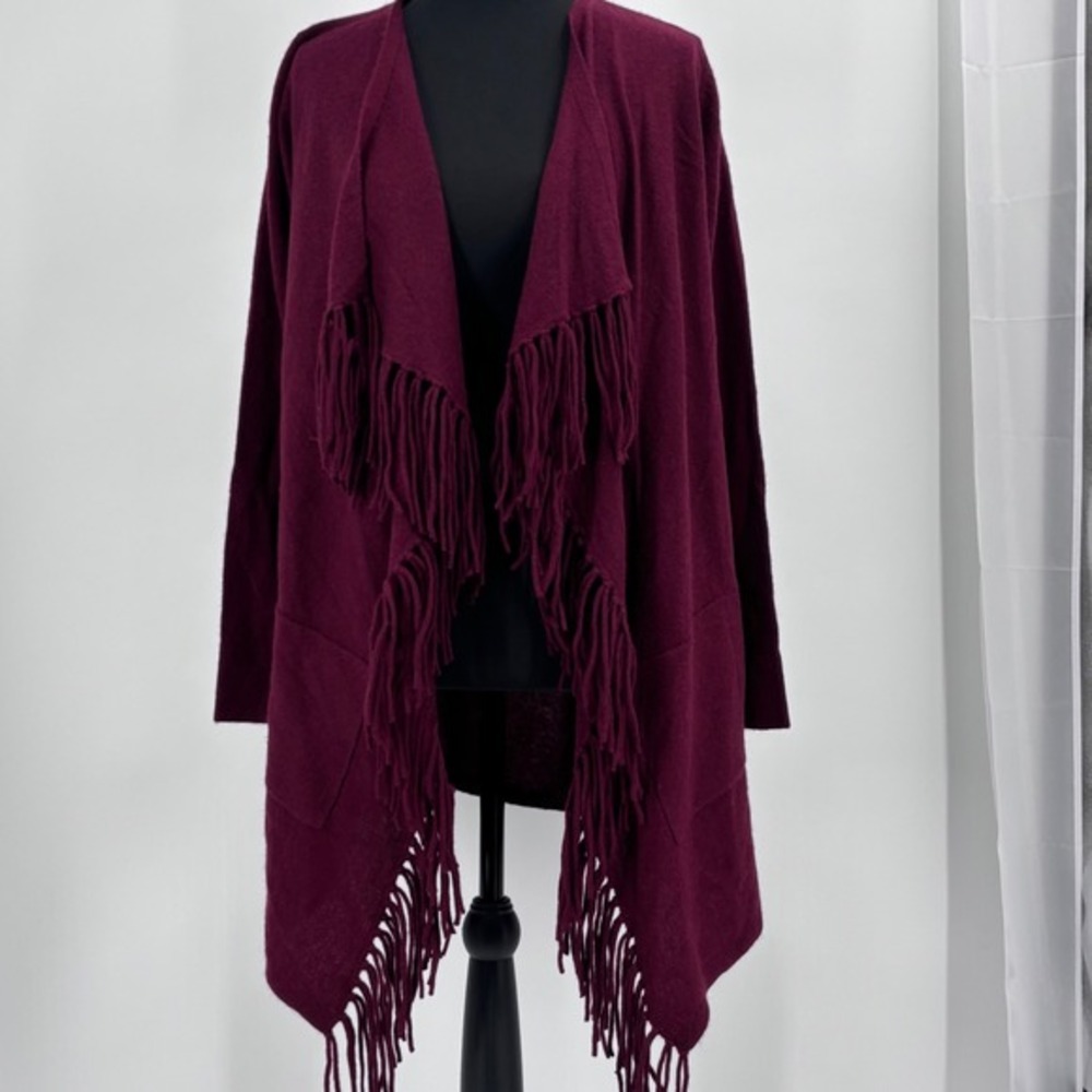 Isaac Mizrahi Live Womens XS Burgundy Cashmere Fringe Waterfall Cardigan Boho